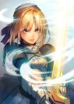  1girl armor armored_dress artoria_pendragon_(fate) blonde_hair blue_dress blue_ribbon dress excalibur_(fate/stay_night) fate/stay_night fate/zero fate_(series) gauntlets green_eyes hair_bun hair_ribbon hinoru_saikusa holding holding_sword holding_weapon lips parted_lips planted planted_sword ribbon saber short_hair simple_background smile solo sword weapon white_background wind 
