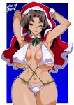  1girl absurdres arm_behind_head arms_up artist_name bikini black_hair blue_background border breasts cape christmas commentary cowboy_shot dark-skinned_female dark_skin dated el_(girls_und_panzer) fur-trimmed_cape fur_trim girls_und_panzer hair_intakes halterneck hand_on_own_head highres hood hooded_cape huge_breasts long_hair looking_at_viewer navel o-ring o-ring_bikini one_eye_closed outline outside_border parted_lips puckered_lips red_cape shinkuukan_(tetsuo3) signature skindentation smile solo standing swimsuit thigh_gap white_bikini white_border white_outline 