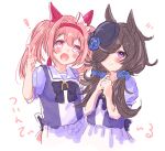  2girls :d alternate_hairstyle animal_ears bangs black_bow black_hair black_headwear blue_flower blue_rose blue_shirt blush bow closed_mouth ear_bow eyebrows_visible_through_hair flower hair_between_eyes hair_over_one_eye hair_over_shoulder hairband hands_up haru_urara_(umamusume) hat hat_flower horse_ears horse_girl horse_tail ittokyu low_twintails multiple_girls pink_hair puffy_short_sleeves puffy_sleeves purple_eyes red_eyes red_hairband rice_shower_(umamusume) rose school_uniform shirt short_sleeves simple_background skirt smile tail tilted_headwear tracen_school_uniform translation_request twintails umamusume v white_background white_bow white_skirt 