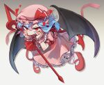  1girl 472pis arm_up ascot bangs bat_wings black_wings blue_hair blush bobby_socks bow commentary fang footwear_bow frilled_skirt frills full_body gradient gradient_background grey_background grin hands_on_own_face hat hat_ribbon heart highres long_sleeves looking_at_viewer looking_to_the_side mob_cap open_mouth pink_background pink_shirt pink_skirt pointy_ears red_ascot red_bow red_brooch red_eyes red_footwear red_ribbon remilia_scarlet ribbon shirt short_hair sidelocks simple_background skirt smile socks solo spear_the_gungnir standing touhou twitter_username white_background white_headwear white_legwear wings 