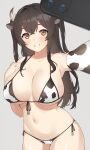  1girl absurdres animal_ears animal_print ao_(aokisora_ao) bangs bikini black_hair blush breasts cellphone cleavage cow_ears cow_horns cow_print elbow_gloves eyebrows_visible_through_hair front-tie_bikini front-tie_top gloves grey_background grin highres holding holding_phone horns large_breasts long_hair navel original phone selfie side-tie_bikini simple_background single_elbow_glove skindentation smartphone smile solo stomach swimsuit teeth two_side_up yellow_eyes 