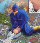  absurd_res avian bird bodily_fluids city close-up cum cum_on_ground cumshot destruction ejaculation erection eyes_closed falco_lombardi fire genital_fluids genitals hi_res high-angle_view kneeling kovaltiel macro male masturbation nintendo orgasm penis solo spread_legs spreading stadium star_fox video_games worship 