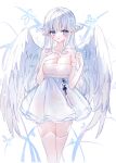  1girl blue_eyes breasts cleavage commentary elbow_gloves feathered_wings gloves highres long_hair medium_breasts original parted_lips pleated_skirt pointy_ears skirt solo standing strapless symbol-only_commentary tandohark thighhighs very_long_hair white_background white_gloves white_hair white_legwear white_skirt white_wings wings 