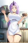  1girl absurdres apron bangs blush bowl breasts castell cleavage closed_mouth collarbone covered_navel eyebrows_visible_through_hair highres holding holding_bowl holding_tray horns indoors large_breasts licking_lips long_hair looking_at_viewer naked_apron oni parted_bangs ponytail pot purple_eyes purple_nails shion_(tensei_shitara_slime_datta_ken) single_horn sink smile solo tensei_shitara_slime_datta_ken tongue tongue_out tray white_apron 