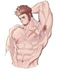  1boy abs arm_behind_head armpit_hair armpits bara blue_eyes blush brown_hair cross_scar facial_hair fate/grand_order fate_(series) goatee highres large_pectorals long_sideburns looking_at_viewer male_focus mature_male muscular muscular_male napoleon_bonaparte_(fate) navel nipples nude pectorals scar scar_on_chest short_hair sideburns solo stomach syo_chikubai 