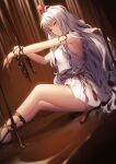  1girl armlet bangs bare_shoulders bracelet breasts caren_hortensia caren_hortensia_(amor_caren) chain chocolate collarbone commentary dress fate/grand_order fate_(series) genyaky heart highres jewelry long_hair looking_at_viewer medium_breasts short_dress solo thighs wavy_hair white_dress white_hair yellow_eyes 