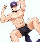  1boy abs arms_behind_head bara black_male_underwear blue_hair boxer_briefs bulge commentary_request highres large_pectorals male_focus male_underwear muscular muscular_male navel ninetyyou nipples original pectorals short_hair solo stomach tail topless topless_male underwear 