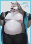  2021 anthro belly black_nose bottomwear canid canine canis clothing fenrirwolfen fur grey_body grey_fur hi_res humanoid_hands kemono male mammal moobs navel nipples overweight overweight_male pants scar solo wolf 