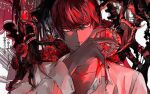  1boy black_nails death_note flower glowing glowing_eyes heart highres holding holding_heart jewelry necklace nigelungdayo out_of_frame red_eyes red_flower red_hair red_rose red_theme rose ryuk solo yagami_light 