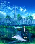  1girl anonamos arm_up bike_shorts black_hair black_legwear blue_sky building city cityscape cloud commission day from_behind grass highres low_ponytail original overgrown post-apocalypse ribbon scenery sky skyscraper solo standing thighhighs torii tree twitter_username vest wrist_ribbon 