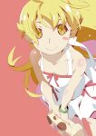  1girl blonde_hair blush_stickers box bracelet collarbone doughnut dress floating_hair food hair_between_eyes highres holding holding_box jewelry long_hair monogatari_(series) monogataryjune oshino_shinobu pastry_box pink_dress ribbon sleeveless smile solo white_dress yellow_eyes 