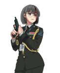  1girl aiguillette bangs black_eyes black_hair black_necktie blood blood_on_face buttons closed_mouth daewoo_k5 e glasses green_jacket green_skirt gun handgun highres holding holding_gun holding_weapon id_card injury jacket long_sleeves looking_at_viewer military military_jacket military_uniform multiple_views necktie open_mouth original perfect_han pistol police reloading ribbon_bar shirt short_hair simple_background skirt sweatdrop teeth trigger_discipline uniform weapon white_background white_shirt 