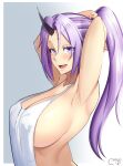  1girl absurdres adjusting_hair apron armpits arms_behind_head arms_up bangs blush breasts castell cleavage covered_nipples eyebrows_visible_through_hair highres large_breasts long_hair looking_at_viewer naked_apron open_mouth parted_bangs ponytail purple_eyes purple_hair purple_nails shion_(tensei_shitara_slime_datta_ken) sideboob smile solo tensei_shitara_slime_datta_ken upper_body white_apron 