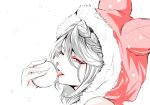  1girl bangs bare_shoulders braid christmas colored_eyelashes endakn3 erune fraux granblue_fantasy grey_hair licking looking_at_viewer one_eye_closed red_eyes santa_costume snowball snowing solo spot_color tongue tongue_out 