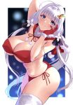  1girl alternate_costume arm_behind_head azur_lane bikini black_ribbon blue_eyes breasts cleavage cowboy_shot fur-trimmed_gloves fur_trim gloves hair_ribbon hand_on_own_cheek hand_on_own_face highres illustrious_(azur_lane) large_breasts long_hair looking_at_viewer red_bikini red_gloves ribbon side-tie_bikini solo swimsuit thighhighs very_long_hair wee_(weeyy) white_hair white_legwear 