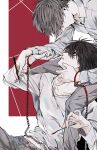  2boys absurdres bags_under_eyes black_hair brown_hair chained_wrists cradling_head cuffs death_note hair_over_eyes handcuffs highres holding holding_pen holding_spoon l_(death_note) looking_down male_focus mouth_hold multiple_boys nib_pen_(object) nigelungdayo pen spoon yagami_light yaoi 