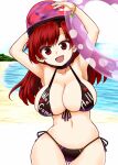  1girl bangs beach bikini black_bikini breasts chain clothes_writing commentary_request eyebrows_visible_through_hair hecatia_lapislazuli innertube large_breasts long_hair looking_at_viewer ocean open_mouth polos_crown purple_innertube red_eyes red_hair sky smile solo swimsuit touhou transparent zetsumame 