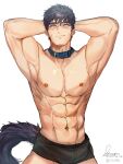  1boy abs arms_behind_head bara black_male_underwear blue_hair boxer_briefs commentary_request highres large_pectorals male_focus male_underwear muscular muscular_male navel ninetyyou nipples original pectorals short_hair solo stomach tail topless topless_male underwear 