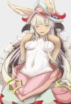  anthro belly breasts brown_body brown_fur clothed clothing covered_breasts eyebrow_through_hair eyebrows female fur hair hand_on_breast headgear headwear hi_res horn inner_ear_fluff jojodesu lagomorph leporid long_hair looking_at_viewer made_in_abyss mammal nanachi narehate navel open_mouth rabbit simple_background solo topless translucent translucent_hair tuft white_background white_belly white_body white_chest white_fur white_hair yellow_eyes 
