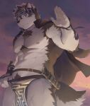  1boy abs absurdres ainu_clothes animal_ears bara bare_pectorals bulge chest_hair clothes_lift feet_out_of_frame furry furry_male grey_fur grey_hair headband highres horkeu_kamui jacket jacket_on_shoulders large_pectorals looking_at_viewer male_focus male_pubic_hair multicolored_hair muscular muscular_male navel nipples no_shirt pectorals pelvic_curtain pelvic_curtain_lift pubic_hair pulled_by_self seamonsterping short_hair smile solo stomach sunset tail thick_thighs thighs tokyo_afterschool_summoners two-tone_fur two-tone_hair waving wolf_boy wolf_ears wolf_tail yellow_eyes 