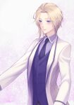  1boy black_necktie blonde_hair blue_eyes highres keith_claes long_sleeves male_focus medium_hair necktie otome_game_no_hametsu_flag_shika_nai_akuyaku_reijou_ni_tensei_shite_shimatta simple_background standing takatsuki_kahiro vest 