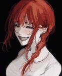  1girl black_background blush chainsaw_man closed_eyes eyebrows_visible_through_hair highres long_hair makima_(chainsaw_man) noroma02 open_mouth red_hair simple_background sketch smile solo teeth tongue upper_body upper_teeth 