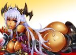  1girl antenna_hair ass bangs breasts character_request dark_skin elf eyebrows_visible_through_hair gen_(genetrix) green_nails heterochromia highres large_breasts long_hair looking_at_viewer lying nipples on_stomach partially_undressed pointy_ears purple_eyes red_eyes sennen_sensou_aigis sidelocks silver_hair solo tongue tongue_out very_long_hair 
