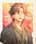  1boy black_eyes black_hair brown_kimono closed_eyes emiya_kiritsugu eyebrows_visible_through_hair facial_hair fate/zero fate_(series) highres japanese_clothes kado_colda kimono long_hair male_focus mature_male open_mouth smile spiked_hair stubble upper_body 