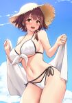  1girl :d absurdres bare_arms bare_shoulders bikini blue_sky breasts brown_eyes brown_hair brown_headwear cleavage contrapposto cowboy_shot day duplicate front-tie_bikini front-tie_top hair_over_shoulder halter_top halterneck hands_up hat highres large_breasts looking_at_viewer navel original outdoors pixel-perfect_duplicate sawada_yuusuke short_hair side-tie_bikini sky smile solo standing stomach straw_hat string_bikini swimsuit thighs white_bikini 