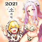  2021 2girls absurdres animal_ears animal_print archangel_gabriel_(guardian_tales) bangs bare_shoulders bell bikini blonde_hair breasts brown_eyes chinese_zodiac closed_eyes cow_print eyebrows_visible_through_hair eyes_visible_through_hair fake_animal_ears fake_horns guardian_tales highres hiroikara_(smhong04) horns little_princess_(guardian_tales) long_hair looking_at_viewer medium_breasts multiple_girls open_mouth pink_hair smile swimsuit v year_of_the_ox 