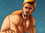  1boy bara body_markings brown_hair chris_redfield closed_mouth facial_hair flashconan highres large_pectorals male_focus mature_male meme muscular muscular_male nude pectorals resident_evil sailor_moon_redraw_challenge_(meme) short_hair solo stubble sweat yellow_eyes 