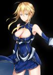  1girl ahoge arm_at_side artoria_pendragon_(fate) artoria_pendragon_(lancer)_(fate) black_background blue_gloves braid breasts cleavage cleavage_cutout closed_mouth clothing_cutout colored_eyelashes commentary_request covered_navel cowboy_shot elbow_gloves fate/grand_order fate_(series) french_braid gloves hair_between_eyes highres looking_at_viewer medium_breasts miniskirt naga_(pixiv70891418) pleated_skirt saber short_hair_with_long_locks simple_background skirt sleeveless solo standing wind 