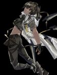  1boy arknights artist_name ayerscarpe_(arknights) black_background black_legwear brown_hair creengee crop_top dark-skinned_male dark_skin fingerless_gloves from_side gloves highres knife looking_at_viewer male_focus orange_eyes pouch see-through shoes solo 