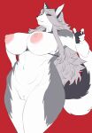  2021 5_fingers absurd_res anthro areola big_breasts breasts canid canid_demon carsen claws colored_sketch demon female finger_claws fingers flat_colors fur grey_body grey_fur hair hellhound helluva_boss hi_res huge_breasts kemono long_hair loona_(helluva_boss) mammal multicolored_body multicolored_fur nipples nude portrait red_background silver_hair simple_background sketch solo three-quarter_portrait two_tone_body two_tone_fur two_tone_tail white_body white_fur 