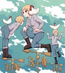  1girl :d =_= animal_on_head animal_on_shoulder bird bird_on_head bird_on_shoulder blonde_hair boots brown_eyes chicken commentary denim jeans on_head one_knee original pants short_hair sky smile standing standing_on_one_leg weather_vane yajirushi_(chanoma) 