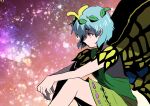  1girl antennae aqua_hair butterfly_wings closed_mouth dress eternity_larva fairy feet_out_of_frame gagamatsu green_dress hair_between_eyes leaf leaf_on_head multicolored_clothes multicolored_dress one-hour_drawing_challenge orange_eyes short_hair short_sleeves single_strap solo touhou wings 