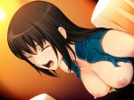  1girl blue_dress breasts brown_hair china_dress chinese_clothes collarbone crying dress fu_lihua game_cg long_hair medium_breasts nipples open_mouth osaka_crisis sakurajima_saromako shiny shiny_hair sleeveless sleeveless_dress solo straight_hair sweatdrop tears torn_clothes torn_dress upper_body 