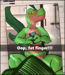 2021 absurd_res accidental_censorship anthro asbel_lhant bathroom censored conditional_dnp detailed_background foreskin genitals grin grovyle hi_res humanoid_genitalia humanoid_penis leaf looking_at_object looking_at_phone male muscular muscular_male nintendo nogard penis phone pok&eacute;mon pok&eacute;mon_(species) presenting selfie slightly_chubby smile solo spread_legs spreading video_games yellow_eyes 