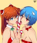  2girls ayanami_rei blue_eyes breasts caramel christmas fellatio highres licking multiple_girls nail_polish neon_genesis_evangelion oral red_eyes ryness simulated_fellatio souryuu_asuka_langley tongue tongue_out 