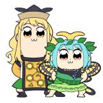  2girls :3 antennae aqua_hair barefoot bkub_(style) black_footwear black_headwear blonde_hair butterfly_wings caramell0501 closed_mouth constellation_print dress eternity_larva fairy full_body green_dress green_skirt hat leaf leaf_on_head long_hair matara_okina multicolored_clothes multicolored_dress multiple_girls orange_eyes orange_sleeves parody poptepipic short_hair short_sleeves simple_background single_strap skirt smile style_parody tabard touhou white_background wings yellow_eyes 