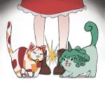  3girls :3 angry animal_collar animal_ears animal_hands bell boots brown_footwear calico cat cat_ears cat_tail chinese_commentary collar commentary curly_hair fangs feet feet_only frilled_skirt frills goutokuji_mike_(cat) green_hair hakurei_reimu highres horns idaku imminent_fight jingle_bell komano_aunn komano_aunn_(komainu) lightning_glare lower_body multiple_girls open_mouth patchwork_skin pigeon-toed red_skirt single_horn skirt solid_oval_eyes standing tail tongue touhou 