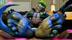 anthro blue_body clothed clothing cobalt_(rtzero) feet foot_fetish foot_focus foot_on_table hat headgear headwear hi_res lizard male muscular muscular_anthro muscular_male paws reptile rtzero scalie smile soles solo toes 