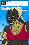  2019 absurd_res anthro big_breasts breasts clothing digital_media_(artwork) dragon duo female grey_body grin hi_res horn if_hell_had_a_taste male mammal mars_fidchell multicolored_body multicolored_scales muscular muscular_female red_eyes scales size_difference smile squeezing teeth text tongue tongue_out topwear two_tone_body two_tone_scales viroveteruscy yellow_body yellow_scales 