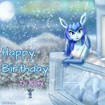  anthro aurora_borealis balcony birthday birthday_gift blubluumon blue_hair breasts butt clothed clothing dress duo eeveelution female feral glaceon hair hi_res ice jacket looking_away lucario male male/female moon nintendo pok&eacute;mon pok&eacute;mon_(species) snow standing topwear video_games 