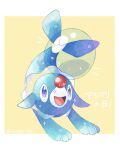  :d border bubble character_name commentary_request kotone11152 looking_up no_humans open_mouth pokemon pokemon_(creature) popplio purple_eyes smile solo tongue twitter_username white_border yellow_background 
