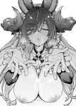  1girl animal_ears blush breasts closed_eyes collarbone cum cum_on_body cum_on_breasts cum_on_hair extra_ears eyebrows_visible_through_hair facial galleon_(granblue_fantasy) gloves granblue_fantasy greyscale hair_ornament horns large_breasts long_hair monochrome mushi024 nipples pointy_ears simple_background solo white_background 