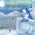  anthro aurora_borealis balcony birthday birthday_gift blubluumon blue_hair breasts butt clothed clothing duo eeveelution female feral glaceon hair hi_res ice jacket looking_away looking_up lucario male male/female moon nintendo nipples pok&eacute;mon pok&eacute;mon_(species) snow standing topwear video_games 