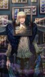  1boy absurdres bangs bug butterfly butterfly_wings cape closed_eyes crown diamond_hairband fate/grand_order fate_(series) fur-trimmed_cape fur_trim grey_hair highres insect_wings long_hair long_sleeves male_focus nekohai_darake oberon_(fate) shirt smile solo spoilers white_shirt wings 
