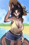  aina_(knives4cats) anthro beach belt big_breasts black_body black_fur bottomwear bra_strap breasts brown_body brown_fur canid canine canis clothing cutoffs day denim denim_clothing digital_media_(artwork) domestic domestic_dog female fingers fluffy fluffy_tail fur hi_res inner_ear_fluff mammal michisamael mixed_breed nails outside pink_eyes seaside shaded shorts sky solo sun_hat tan_body tan_fur tuft utonagan 