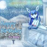  anthro aurora_borealis balcony birthday birthday_gift blubluumon blue_hair breasts butt clothed clothing duo eeveelution female feral glaceon hair hi_res ice jacket looking_away lucario male male/female moon nintendo nipples pok&eacute;mon pok&eacute;mon_(species) snow standing topwear video_games 